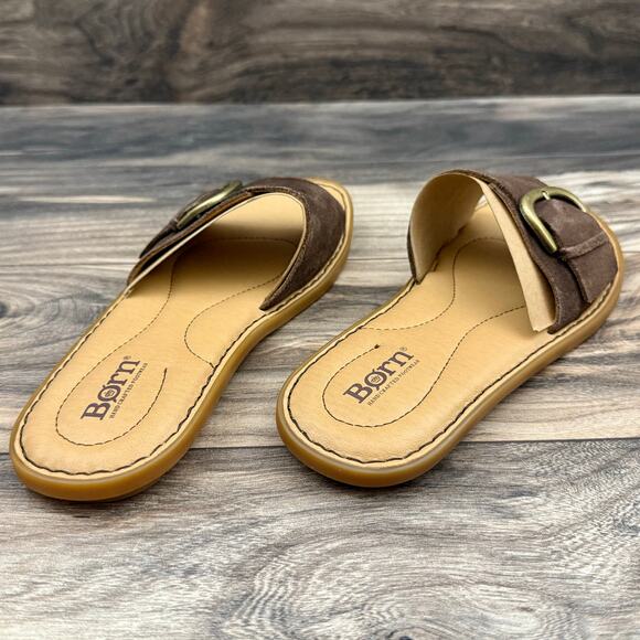 NIB Born Miarra 8M 38-39 Brown Suede Big Buckle Slide Sandals Brown Distressed - Picture 6 of 11